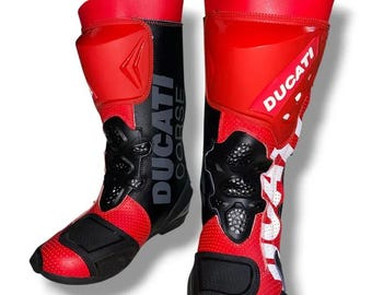 Ducati Corse Racing Motorcycle Boots – Red & Black Protective Moto Riding Boots for Track and Street