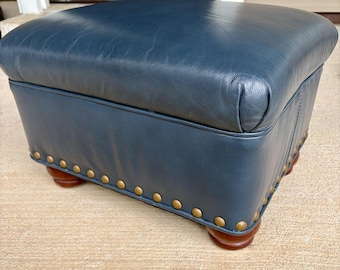 Hancock & Moore Navy Leather Ottoman Footstool 099 - Wood Bun Feet 13x18x15"