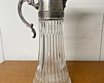 Vintage Glass Silver Plate Claret Jug Pitcher Wine Liquor Decanter w/ Ice Insert