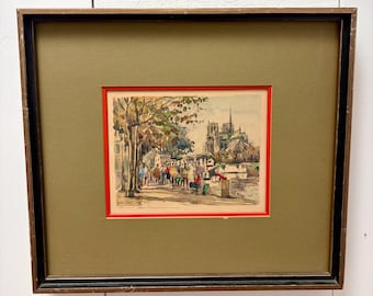 Vintage Paris Aquarellmalerei – Kathedrale von Notre Dame & Les Bouquinistes, signiert Mid-Century Pariser Straßenszene