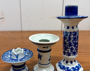 Bougeoirs vintage en céramique bleu blanc – Bougeoirs de style Delft – Décoration de ferme Cottage chinoiserie