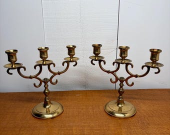Pair of Decorative Brass Metal 3 Arm Single Taper Candleholders-Candelabra 8.5x9”