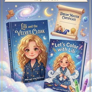 Pode incluir: Um pacote PDF digital intitulado "3-em-1 Magic Bedtime Bundle" com dois livros ilustrados, "Lili and the Velvet Cloak" e "Let's Color with Lili", e um "Dream Master Certificate". Os livros apresentam uma menina com cabelo loiro encaracolado.