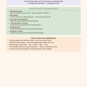 May include: A visual task breakdown worksheet with a purple header and footer. The worksheet includes sections titled "What's Inside This Worksheet" and "How to Use This Worksheet." The text on the worksheet is in black font.