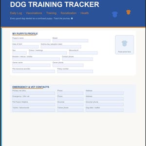 Puede incluir: Un rastreador de entrenamiento para perros imprimible con un encabezado azul que dice "NEW PUPPY & DOG TRAINING TRACKER". El formulario incluye secciones para el perfil del cachorro, contactos de emergencia e información veterinaria. El texto "Every good dog started as a confused puppy. Track the journey." también es visible.
