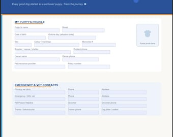 Registro de cachorros en PDF editable / Registro de entrenamiento de cachorros / Registro de vacunación / Lista de verificación de socialización / Planificador de entrenamiento canino / Seguimiento del primer año