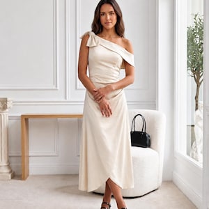 sleek and smooth high slit midi dress Windsor Laina High Slit Satin Midi Dress in Green | Size: XL
