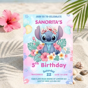 May include: A rectangular birthday invitation card featuring a blue alien character wearing a floral crown, surrounded by tropical flowers and leaves. The text reads: JOIN US TO CELEBRATE SANORITA'S 5th Birthday Saturday NOVEMBER 22 12PM TO 2PM.