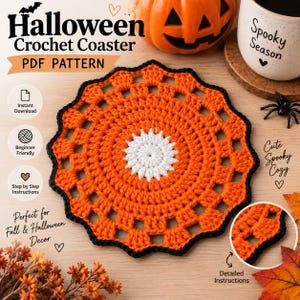 Puede incluir: Un posavasos redondo de ganchillo con un centro blanco, una sección central ancha de color naranja con un patrón de rejilla y un borde negro festoneado. El texto en la imagen dice Halloween Crochet Coaster PDF PATTERN, Instant Download, Beginner Friendly, Step by Step Instructions, Perfect for Fall & Halloween Decor, Cute Spooky Cozy y Detailed Instructions.