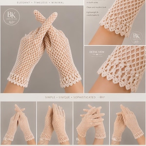 May include: Beige lace mesh gloves with a crochet design, featuring a scalloped edge and small pearl accents. The text on the image reads LACE MESH GLOVES, CROCHET DESIGN, ELEGANT, TIMELESS, MINIMAL, UNIQUE CUFF STYLE, DETAIL VIEW, SIMPLE, UNIQUE, SOPHISTICATED.