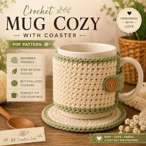 Könnte beinhalten: Ein gehäkelter Tassenwärmer und Untersetzer in Creme und Salbeigrün. Der Tassenwärmer hat einen Knopfverschluss aus Holz. Der Text auf dem Bild umfasst Crochet MUG COZY WITH COASTER, PDF PATTERN, BEGINNER FRIENDLY, STEP-BY-STEP PHOTOS, BUTTON LOOP CLOSURE, PERFECT FIT FOR YOUR MUG, BK Creative Lab und EASY CUTE USEFUL A COZY GIFT FOR EVERYONE.