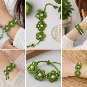 May include: A green crochet bracelet featuring three interconnected flower motifs, each centered with a white pearl bead. The bracelet includes adjustable green cord ties finished with small green beads at the ends, creating a flexible floral design.