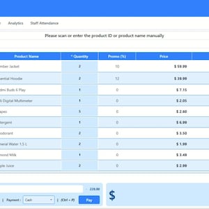 May include: A blue and white point-of-sale (POS) system interface displaying a sales transaction. The screen shows a list of products, including a bomber jacket, essential hoodie, and grapes, with quantities and prices. The total is $228.00.