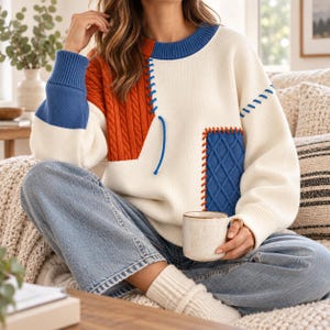Puede incluir: Un suéter de manga larga con un diseño de bloques de color en crema, naranja quemado y azul. La prenda incluye un cuello redondo acanalado, un panel naranja de punto trenzado y un parche azul con textura de rombos con costuras visibles.