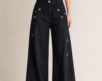Jeans mit Sternenstickerei, weites Bein, Y2K High Waist Denimhose