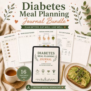 Può includere: Un pacchetto di diario digitale di pianificazione dei pasti per diabetici con 16 pagine stampabili. L'immagine mostra un tablet con il titolo del diario, insieme a pagine di piano alimentare, monitoraggio della glicemia e pianificatore di auto-cura.