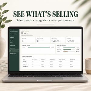 May include: A laptop screen displaying the Gallery Ledger software interface with a Reports dashboard. The screen shows sales trends, categories, and artist performance data, including tables for pieces sold, payments, and monthly sales figures.