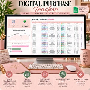 May include: A digital purchase tracker Google Sheets template displayed on a computer monitor, featuring a dashboard with transaction totals, spending trend charts, and a detailed spreadsheet log for managing product names, costs, and licensing types.