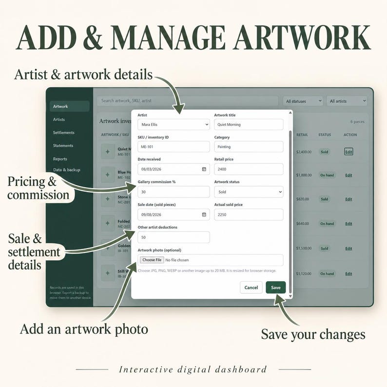 May include: A digital dashboard interface titled ADD & MANAGE ARTWORK featuring a pop-up window for inputting artist and artwork details, pricing, commission, sale, and settlement information, with buttons to choose an artwork photo and save changes.