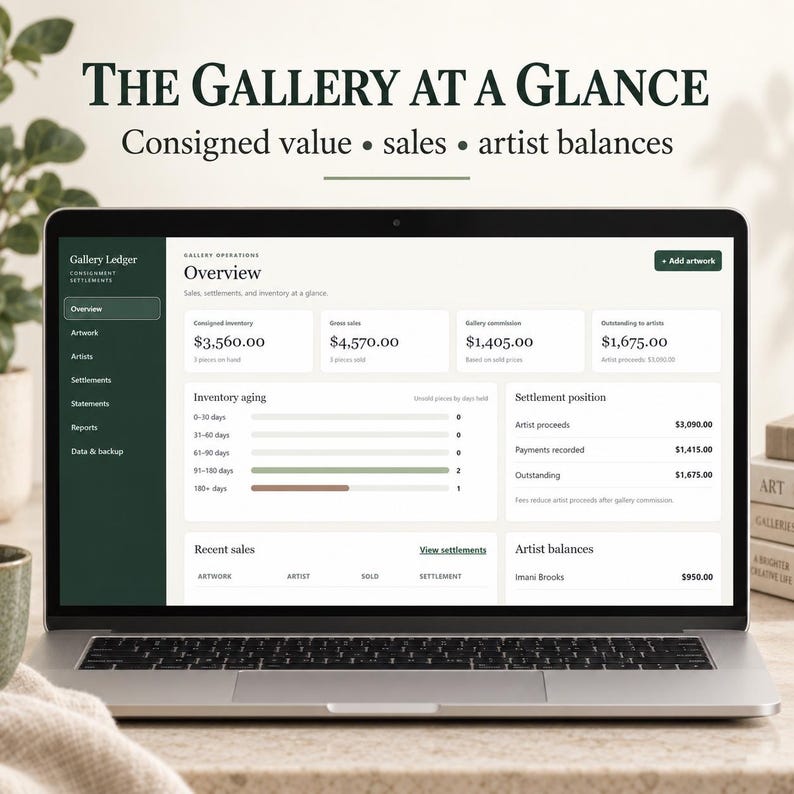 May include: A laptop screen displaying the Gallery Ledger software interface titled Overview. The dashboard shows financial data including consigned inventory, gross sales, gallery commission, artist balances, inventory aging, and settlement positions.