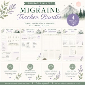 May include: A printable migraine tracker bundle with four pages. The design features a mountain landscape, lavender sprigs, and text that reads "Migraine Tracker Bundle." Includes a migraine tracker, attack log, trigger journal, and self-care plan.