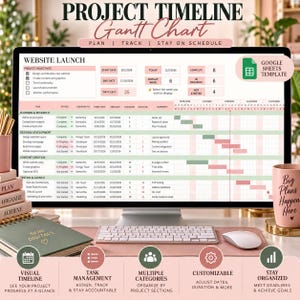 Può includere: Un monitor di computer mostra un modello di diagramma di Gantt per la pianificazione del lancio di un sito web su Google Sheets. Lo schermo visualizza attività, stati, personale assegnato, date e barre di avanzamento. Una tazza rosa e un taccuino sono presenti.