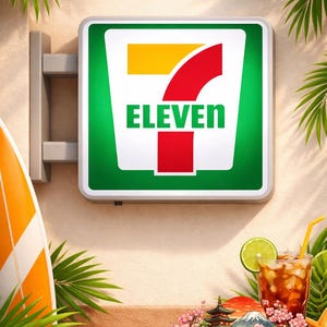 May include: A green and white "ELEVEN" sign with yellow and red accents hangs on a wall, next to a surfboard and tropical foliage. A refreshing drink with a lime wedge and a straw is visible. The image also includes the "FarzShop" logo.