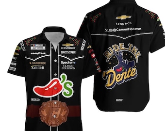 Chemise hawaïenne Carson Hocevar, maillot de course Ride The Dente Chili's, équipement de fan de sport automobile Spire, cadeau de course personnalisé, vêtements de course d'été