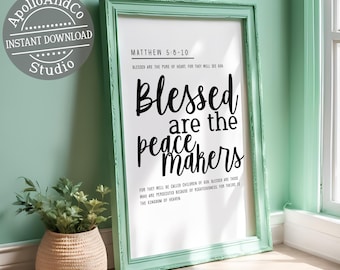 Blessed are the Peacemakers Typography Poster, Matthew 5:8-10 Bible Verse Print, Instant Download