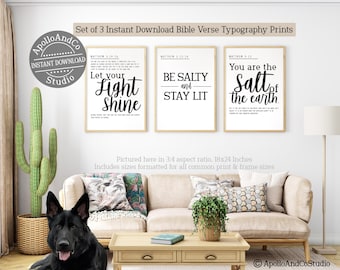 Be Salty Stay Lit Typography Poster Set of 3, Matthew 5:13-14 Bible Verse Prints, Instant Download
