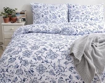 Blue Floral Cottagecore Duvet Cover Set: Botanical Botanical Bedding, Soft Cozy Bedroom Decor