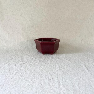 May include: A small, hexagonal ceramic planter with a deep burgundy, glossy finish. The vessel features six distinct sides, a wide open top, and small, raised feet at the base, providing a stable foundation for small plants or decorative items.
