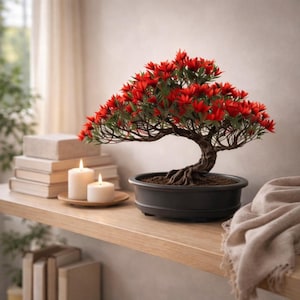 May include: A bonsai tree with vibrant red flowers and green foliage sits in a dark gray pot. Two lit candles and a stack of books are on a wooden shelf. A beige blanket is draped nearby, creating a serene indoor scene.