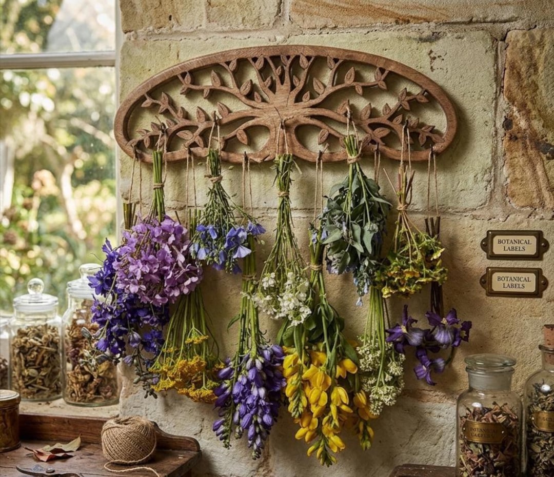 Tree of Life Herb Drying Rack, Rustic Botanical Wall Hanging, Kitchen ...