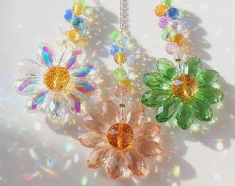 Crystal Sunflower Suncatcher, Rainbow Maker Prism, Boho Daisy Ornament, Window Decor