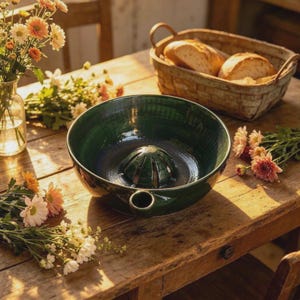 May include: A dark green ceramic bowl featuring a central dome with vertical slits and a small circular handle on the side. The bowl has a smooth, glossy finish and is designed for kitchen use, showcasing a deep emerald hue and a functional structure.