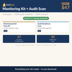May include: A digital download graphic with the text "Monitoring Kit + Audit Scan" and a bundle price of $47. The image includes sections for a monitoring visit prep kit and an audit readiness scan, with details on checklist items and FDA prep.