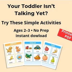 Puede incluir: Un PDF imprimible con actividades sencillas para niños pequeños de 2 a 3 años. La imagen muestra tarjetas con ilustraciones de animales, vehículos y alimentos. El texto de la imagen dice: "¿Tu niño pequeño aún no habla? Prueba estas actividades sencillas."