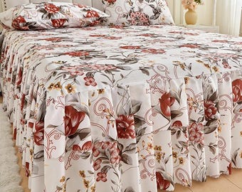 Juego de falda de cama vintage roja con volantes y estampado floral / Ropa de cama estilo Cottagecore Shabby Chic
