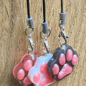 Peut inclure: Trois breloques en forme de pattes de chat, roses, blanches et noires avec des coussinets roses, suspendues à des cordons noirs. Chaque breloque a un fermoir argenté et un cylindre métallique en haut. Fond en bois.