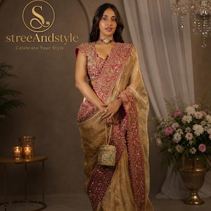 Ivory Crystal Crush Tissue Saree with Pink Embroidered Border, Wedding Saree, Party Wear Saree, Bridal Silk Blouse, Indian Saree