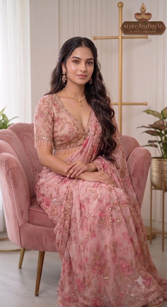 Pink Floral Tebi Silk Saree, Digital Print Saree, Mirror Work Saree, Wedding Guest Saree, Bridesmaid Saree, Party Wear