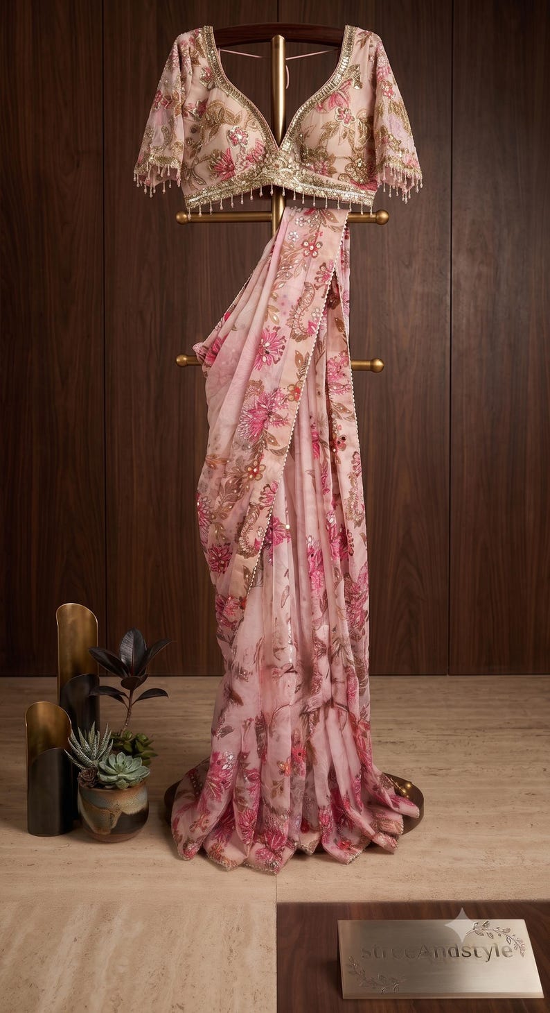 May include: A light pink saree featuring a floral print in shades of dark pink and brown, accented with gold embroidery and sequins. The matching blouse has a deep V-neckline, short sleeves with beaded fringe, and intricate gold embellishments.