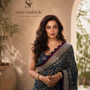 Designer Ajrak Print Crepe Silk Saree | Mirror Handwork, Sequins Embroidery, Party Wear
