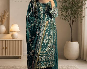 Embroidered Pakistani Salwar Kameez Set, Mirror Work Palazzo Suit, Wedding Eid Outfit