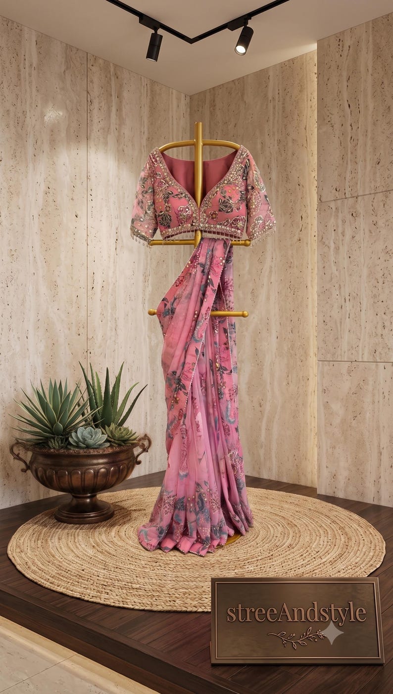 May include: A pink saree featuring a floral print and intricate embroidery on the blouse. The garment includes a matching pallu with decorative borders and embellishments. A small sign at the base displays the text streeAndstyle in gold lettering.