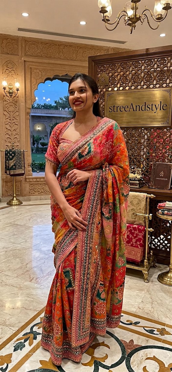Crepe Silk Digital Print Saree, Real Mirror Work, Latkan Pallu, Party Wedding Ethnic Wear