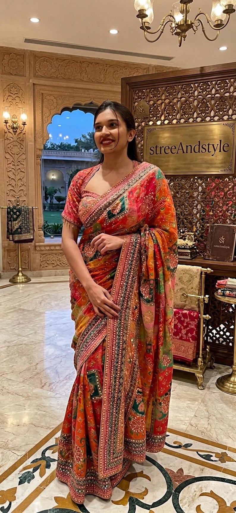 May include: A vibrant, patterned saree in shades of red, orange, and green. The saree features intricate embroidery and embellishments. The image also displays the text "streeAndstyle".