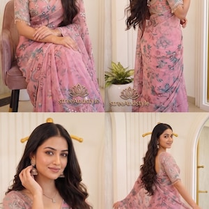 May include: A light pink saree featuring a floral print in shades of green and grey, with a V-neck blouse that has short sleeves and fringe trim. The fabric is sheer and lightweight, adorned with subtle embroidery. The text streeAndstyle is visible.
