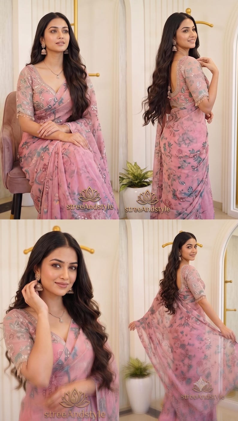 May include: A light pink saree featuring a floral print in shades of green and grey, with a V-neck blouse that has short sleeves and fringe trim. The fabric is sheer and lightweight, adorned with subtle embroidery. The text streeAndstyle is visible.
